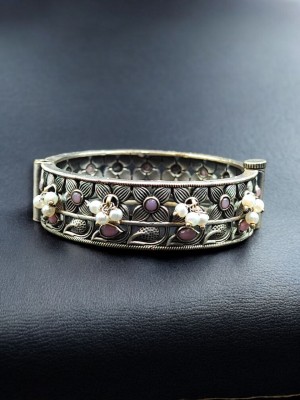 Silver Oxidized Flower Designer Stone & Pearl Work Openable Kada Bracelet Bangle