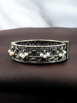 Silver Oxidized Flower Designer Stone & Pearl Work Openable Kada Bracelet Bangle