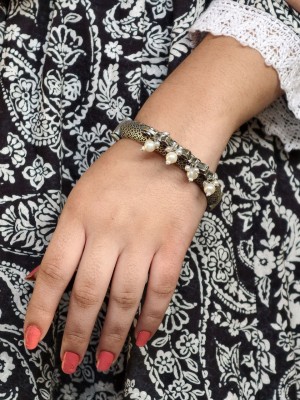 Ethnic Stone & Pearl Work Kada Bangle Silver Oxidized Openable Designer Bracelet