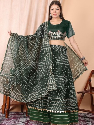 Green Ethnic Kota Doria Bandhani Lehenga Set Embroidered Gota Patti Border Lehenga Chunni Set