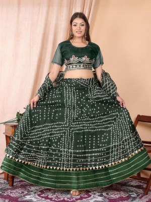 Green Ethnic Kota Doria Bandhani Lehenga Set Embroidered Gota Patti Border Lehenga Chunni Set
