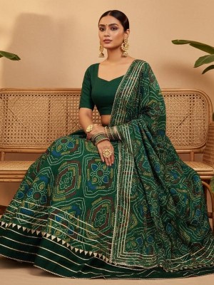 Green Multi Ethnic Kota Doria Bandhej Lehenga Set Embroidered Gota Patti Lehenga Chunni Set