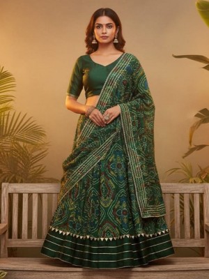 Green Multi Ethnic Kota Doria Bandhej Lehenga Set Embroidered Gota Patti Lehenga Chunni Set