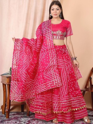 Pink Traditional Bandhej Kota Doria Lehenga Set Embroidered Gota Patti Lehenga Chunri Set