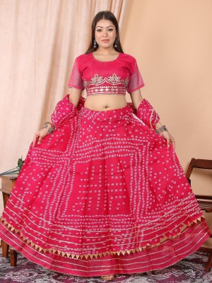 Pink Traditional Bandhej Kota Doria Lehenga Set Embroidered Gota Patti Lehenga Chunri Set