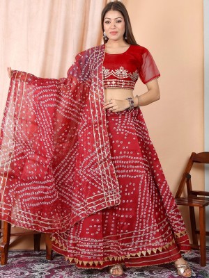 Red Rajasthani Bandhej Lehenga Choli Set Traditional Embroidered Gota Patti Lehenga