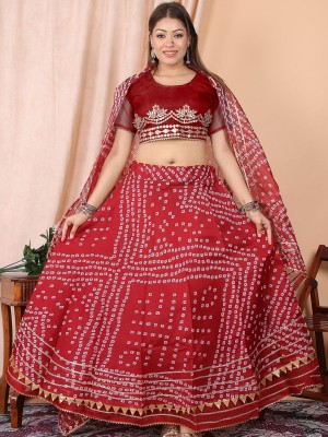 Red Rajasthani Bandhej Lehenga Choli Set Traditional Embroidered Gota Patti Lehenga