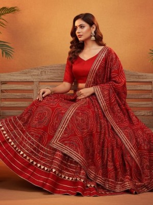 Red Multi Bandhni Print Lehenga Dupatta Set Ethnic Gujrati Embroidered Gota Patti Lehenga