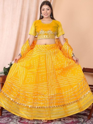 Yellow Haldi Special Bandhni Lehenga Ethnic Embroidered Gota Patti Lehenga Dupatta Set