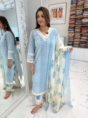 Blue Striped Printed V Neck Straight Salwar Kameez Indian Kurti Pant Dupatta Set - Set of 3