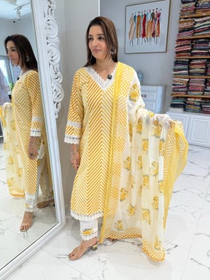 Yellow Striped Printed V Neck Straight Salwar Kameez Indian Kurti Pant Dupatta Set - Set of 3