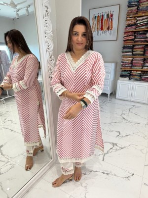 Pink Striped Printed V Neck Straight Salwar Kameez Indian Kurti Pant Dupatta Set - Set of 3