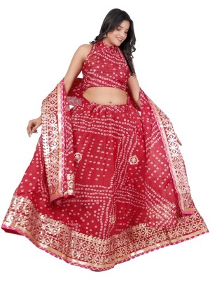 Red Ethnic Kota Doria Bandhani Lehenga Chunni Embroidered Gota Patti Lehenga Set