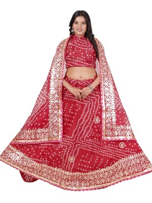 Red Ethnic Kota Doria Bandhani Lehenga Chunni Embroidered Gota Patti Lehenga Set