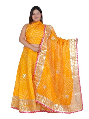 Yellow Traditional Gota Patti Lehenga Choli Dupatta Set Kota Doria Bandhani Lehenga