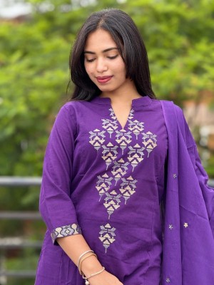 Shivangi Purple Ethnic Embroidered Readymade Indian Straight Salwar Suit Kurti with Palazzos & Dupatta Set for Women