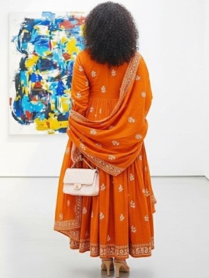 Garima Orange Embroidered Dupatta with Kurti and Pant Set  Readymade Indian Anarkali Salwar Suit for Women