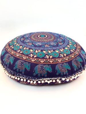 Bohemian Elephant Mandala Floor Pillow Cover Pom Pom Round Cushion Cover