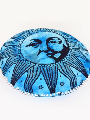 Turquoise Psychedelic Sun Face Floor Pillow Cover Pom Pom Round Cushion Cover - 32 Inch