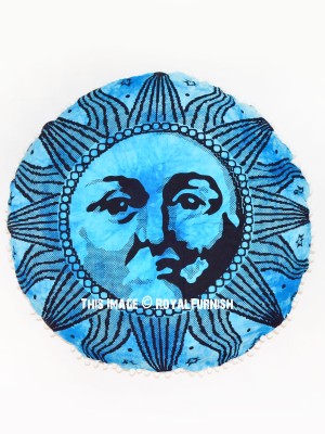 Turquoise Psychedelic Sun Face Floor Pillow Cover Pom Pom Round Cushion Cover - 32 Inch