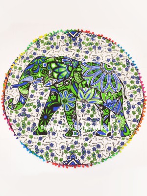 Green Multi Asian Elephant Floor Pillow Hippie Decorative Round Floor Cushion Cover - 32" Inch