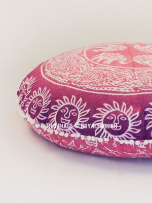 Pink Purple Elephant & Sun Designer Mandala Floor Pillow Boho Round Floor Cushion Cover