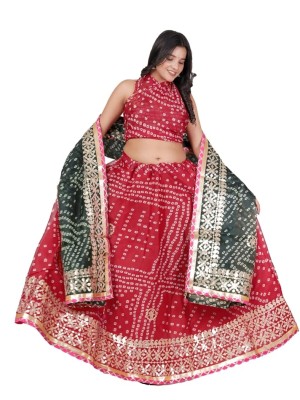 Red & Green Ethnic Gota Patti Lehenga Dupatta Set Jaipuri Bandhej Chaniya Choli