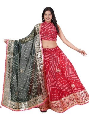 Red & Green Ethnic Gota Patti Lehenga Dupatta Set Jaipuri Bandhej Chaniya Choli
