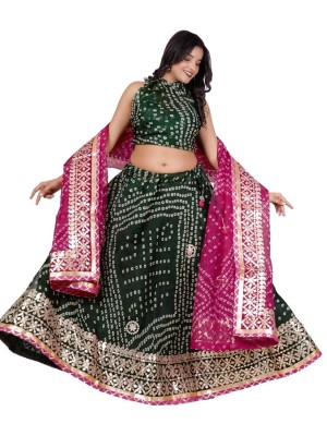 Green & Pink Traditional Gota Patti Lehenga Dupatta Set Rajasthani Bandhej Ghagra Choli