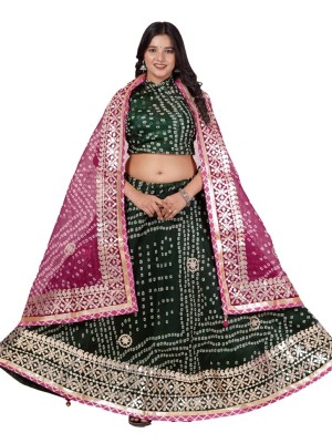Green & Pink Traditional Gota Patti Lehenga Dupatta Set Rajasthani Bandhej Ghagra Choli