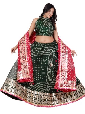 Green & Red Indian Kota Doria Lehenga Choli Bandhani Gota Patti Lehenga Chunri Set