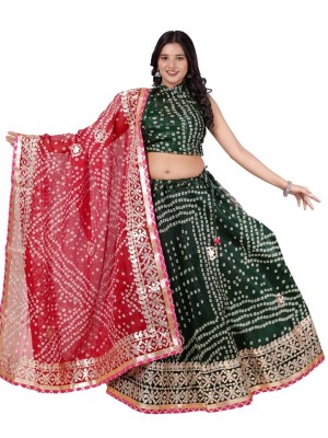 Green & Red Indian Kota Doria Lehenga Choli Bandhani Gota Patti Lehenga Chunri Set