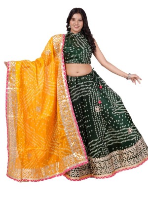 Green & Yellow Gujarati Bandhani Lehenga Readymade Gota Patti Lehenga Chunni Set