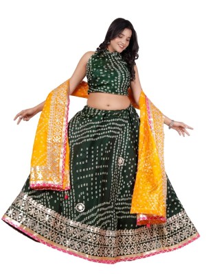 Green & Yellow Gujarati Bandhani Lehenga Readymade Gota Patti Lehenga Chunni Set