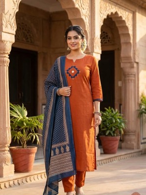 Orange Readymade Indian Straight Salwar Suit Kurti Pant Set for Women - Set of 3