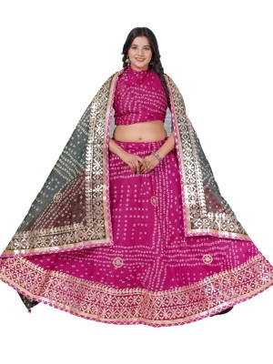 Pink & Green Kota Doriya Bandhani Lehenga Ethnic Gota Patti Lehenga Dupatta Set