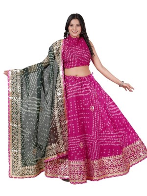 Pink & Green Kota Doriya Bandhani Lehenga Ethnic Gota Patti Lehenga Dupatta Set