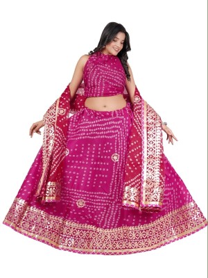 Pink & Red Ethnic Wedding Wear Lehenga Bandhani Gota Patti Lehenga Dupatta Set