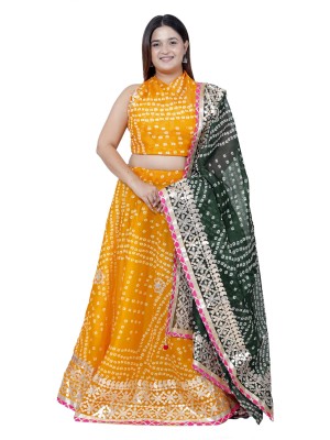 Yellow & Green Gujarati Bandhani Lehenga Readymade Gota Patti Lehenga Chunni Set