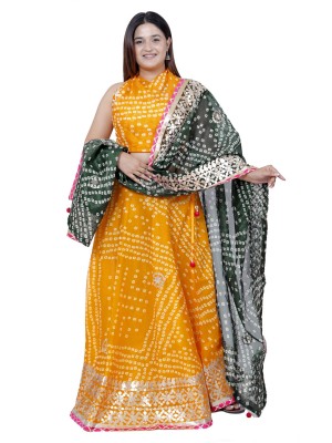 Yellow & Green Gujarati Bandhani Lehenga Readymade Gota Patti Lehenga Chunni Set