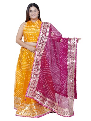 Yellow & Pink Ethnic Gota Patti Work Chaniya Choli Kota Doria Bandhej Lehenga Dupatta Set