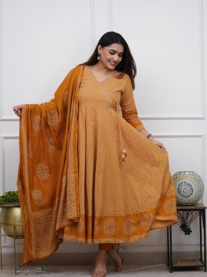 Mustard Yellow Heavy Look Flaired Kurti Work On V-Neck Cotton Kurti Pant Dupatta Salwar Kameez For Women (Set Of 3)