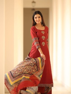 Maroon Floral Embroidery Straight Heavy Cotton Kurti Pant Dupatta Set For Women