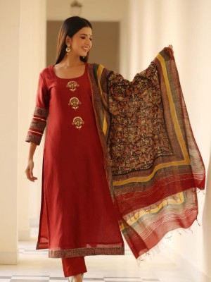 Maroon Floral Embroidery Straight Heavy Cotton Kurti Pant Dupatta Set For Women