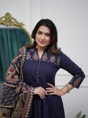 Blue Printed Sequence Work on Neck Anarkali Cotton Kurti Pant Dupatta Set For Women (Set Of 3)