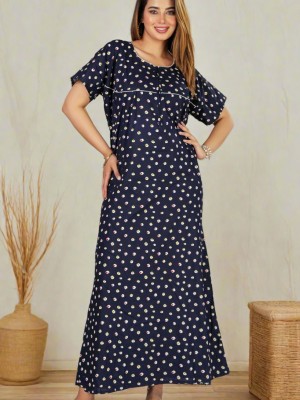 Blue Front Long Zipper Cotton Nighty Night Gown Indoor Wear Comfortable Printed Night Kurti with Mobile Pocket
