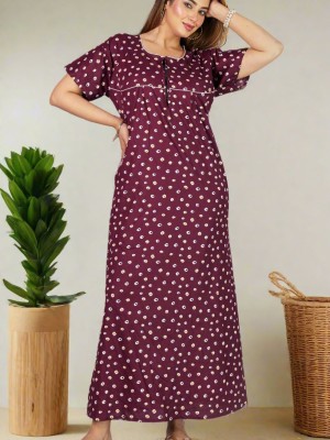 Maroon Front Long Zipper Cotton Nighty Night Gown Indoor Wear Comfortable Printed Night Kurti with Mobile Pocket