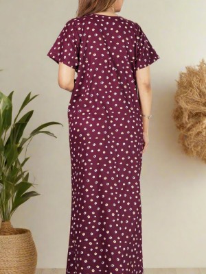 Maroon Front Long Zipper Cotton Nighty Night Gown Indoor Wear Comfortable Printed Night Kurti with Mobile Pocket