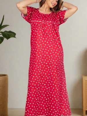 Red Front Long Zipper Cotton Nighty Night Gown Indoor Wear Comfortable Printed Night Kurti with Mobile Pocket