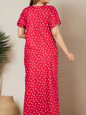 Red Front Long Zipper Cotton Nighty Night Gown Indoor Wear Comfortable Printed Night Kurti with Mobile Pocket